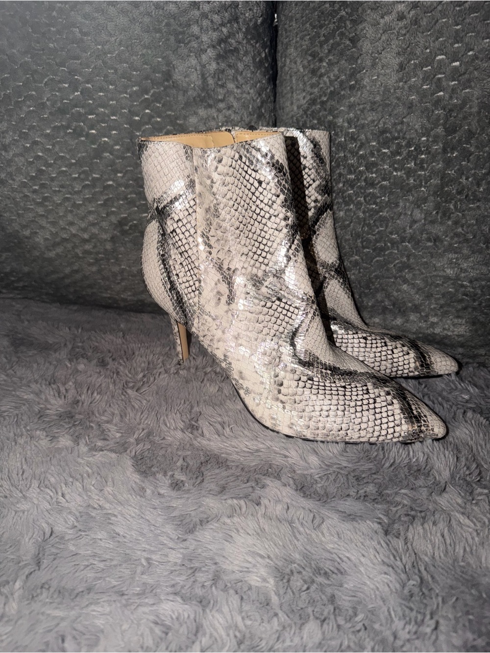 Nine West Snake-Print Pointed Toe Ankle Boots in Grey and Black